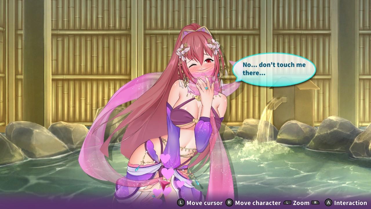 A screenshot from Another World Mahjong World. A girl with long pink hair and a purple outfits says "no... don't touch me there..."