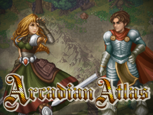 The art for the Arcadian Atlas Kickstarter in 2016. It features the game's logo, behind which is a woman with blonde hair and a green dress, and a brown-haired man wearing silver armor and a red cape.