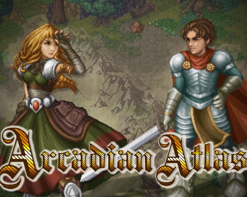The art for the Arcadian Atlas Kickstarter in 2016. It features the game's logo, behind which is a woman with blonde hair and a green dress, and a brown-haired man wearing silver armor and a red cape.