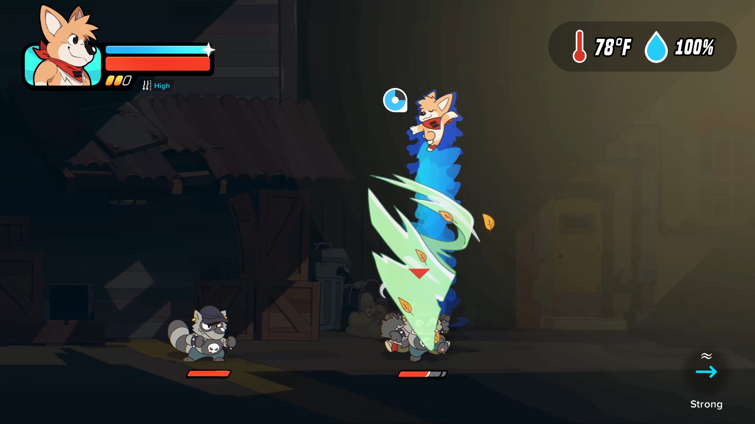 A screenshot from Breeze in the Clouds. A small beige corgi is on top of a tornado, with two enemies at the bottom.