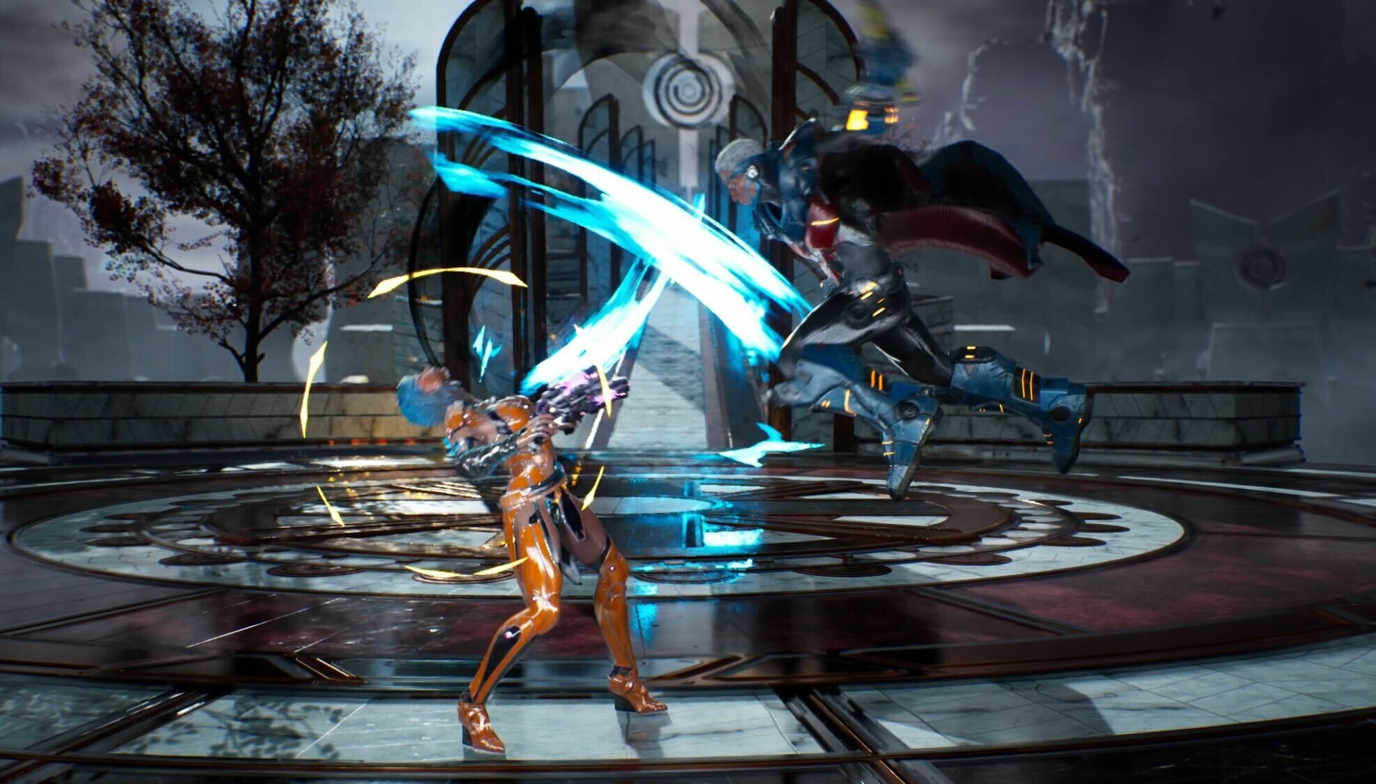 A screenshot from Coreupt. A woman with blue hair and an orange/silver metallic suit is being attacked by a grey-haired man with a blue and red outfit with a cape.