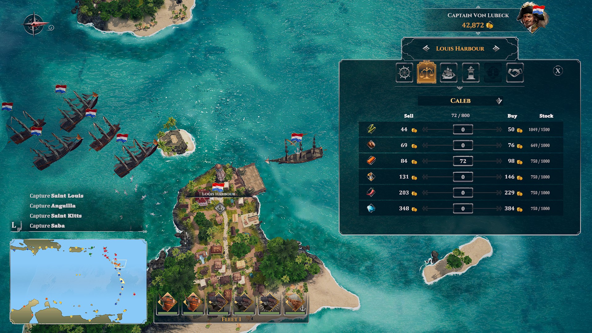 A screenshot of the UI in Corsairs: Battle of the Caribbean.