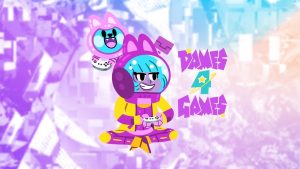 The key art for Dames 4 Games. A purple-skinned, blue-haired woman in a space suit is sitting cross-legged. Her cat companion is floating to the upper left.