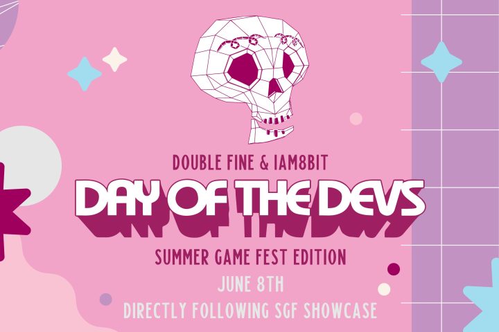 The artwork for Double Fine and iam8bit's Day of the Devs Summer Game Fest Edition, which aired June 8, 2023. There is a skull logo on a retro pink and purple background.
