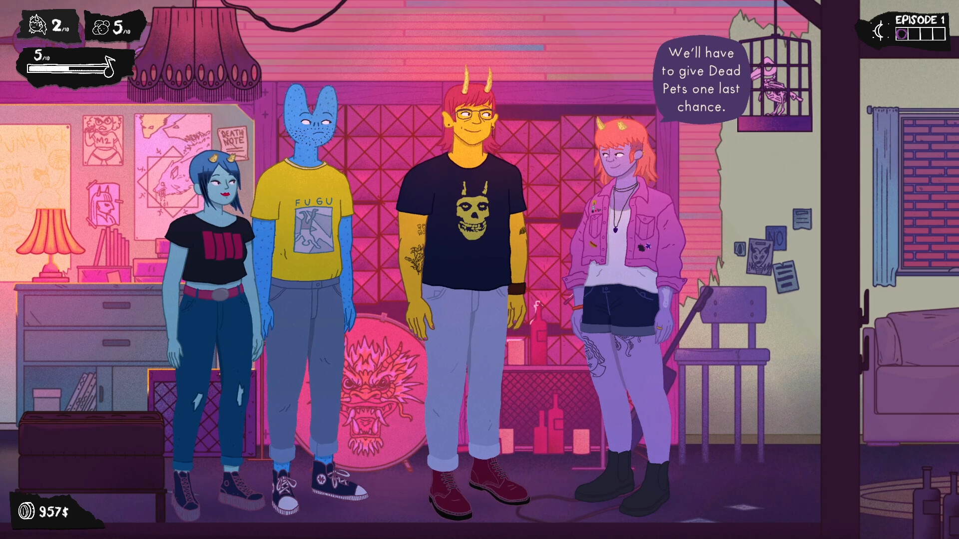 A screenshot from Dead Pets Unleashed. There are four characters on-screen, from left to right: a blue-skinned, blue-haired girl with a black t-shirt, a blue-skinned person with a U-shaped head and a yellow t-shirt, a yellow-skinned and red-haired person with horns, and a purple-skinned person with horns saying "We'll have to give Dead Pets one last chance."