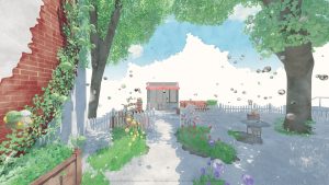 A screenshot from Été. It looks as though it is painted with watercolours. A white picket fence surrounds a big tree with a bistro table and single chair underneath.