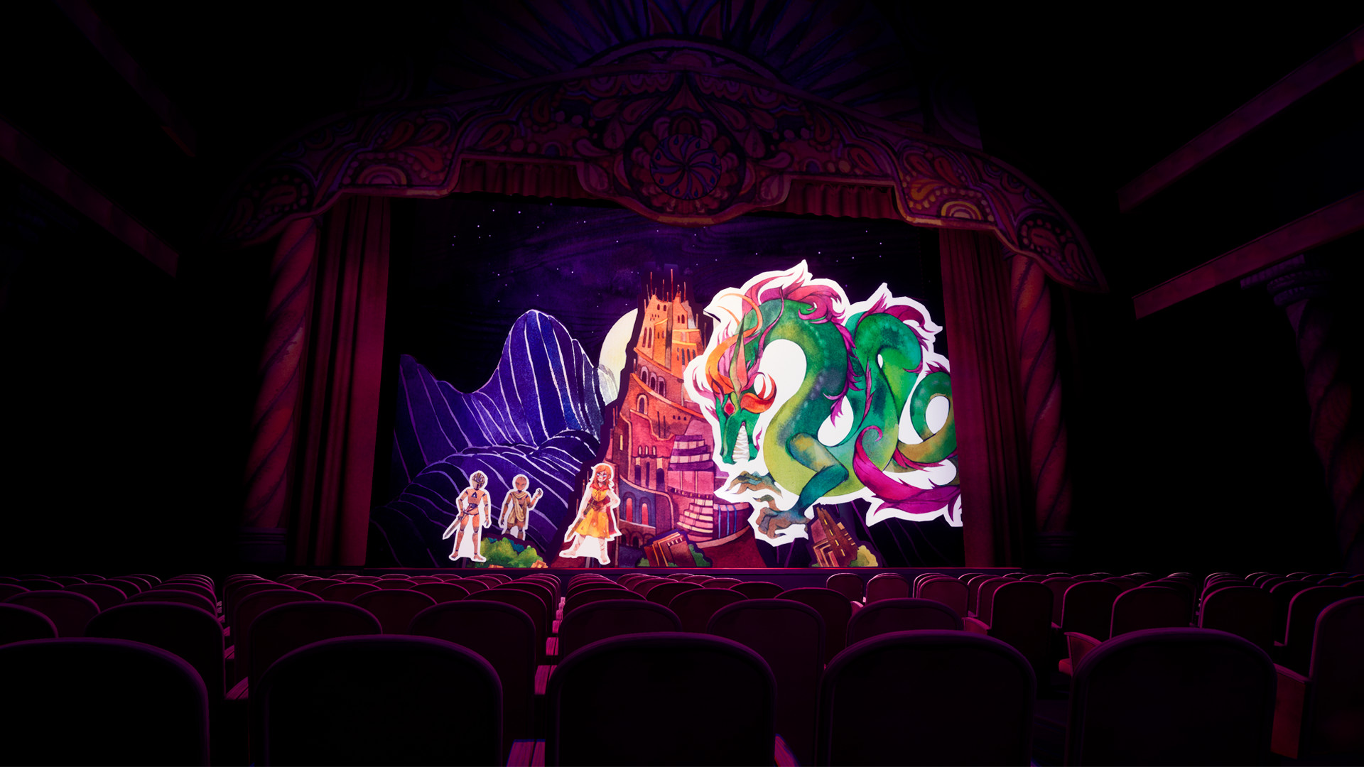 A screenshot from Flawless Abbey. In a theatre, on-stage, there are four paper puppets: one dragon, one orange-haired person with a sword, a masked person with a sword, and someone with no weapon.