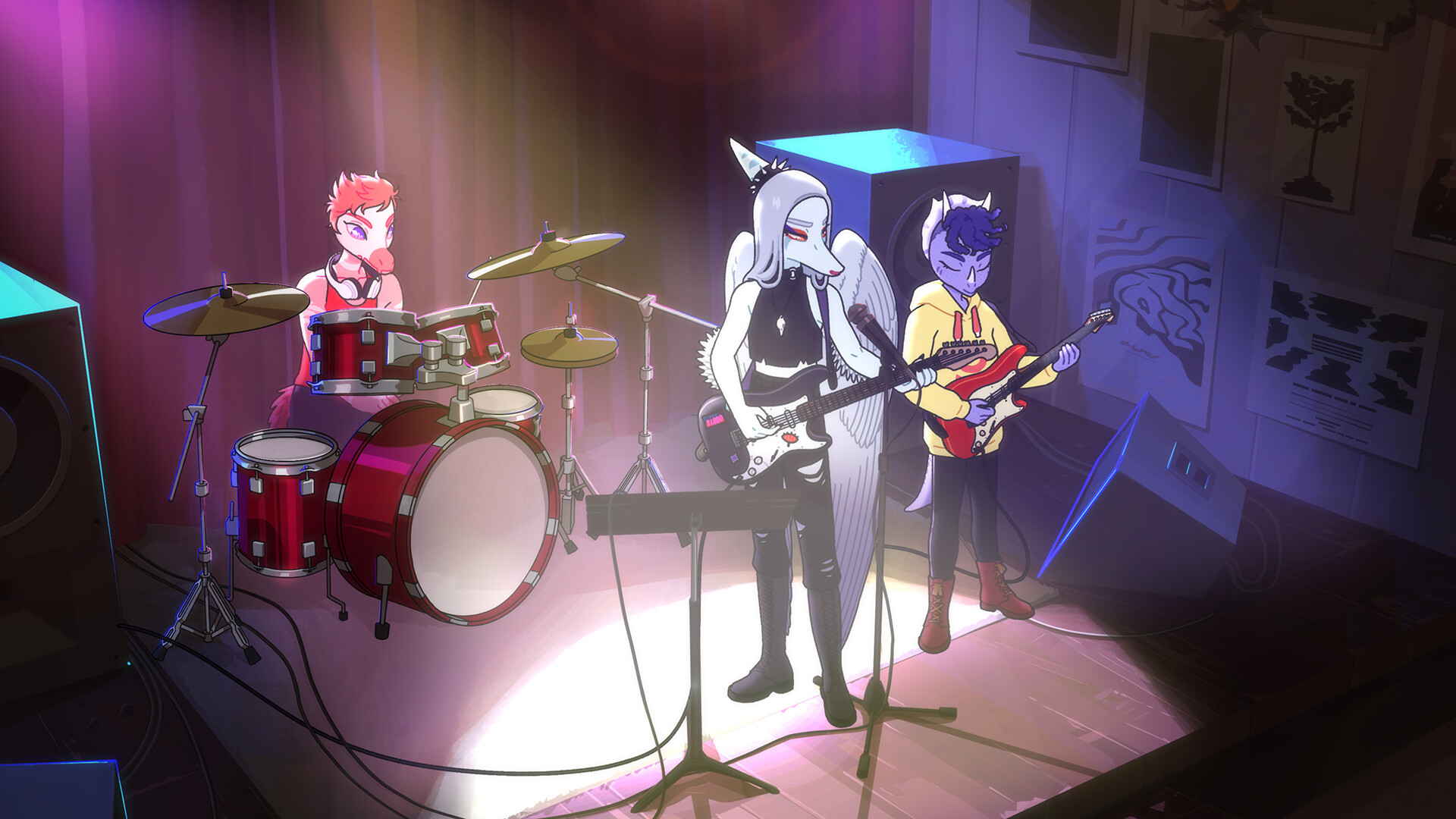 A screenshot from Goodbye Volcano High. Three dinosaurs are in a band onstage. The lead singer and guitarist is pale blue with wings and tattered black clothing. To the right is the bassist, a purple dino with a purple hat and yellow hoodie. At the back left is a pink dinosaur with red clothes playing the drums.