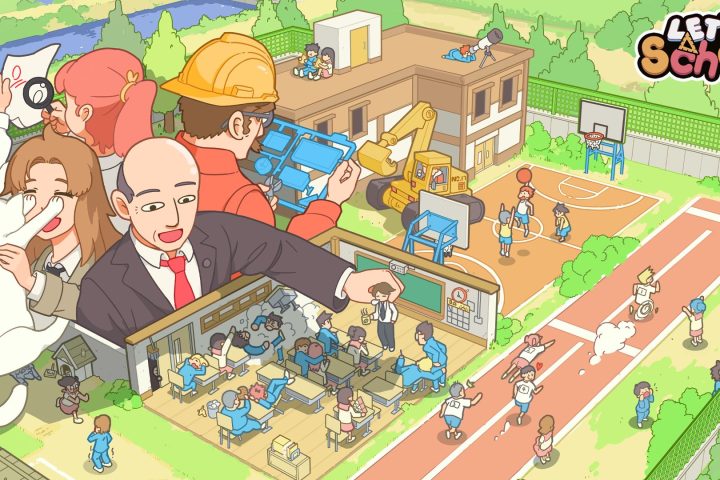The key art for Let's School, with the game's logo in the upper right hand corner. There is a classroom with no roof and missing walls, so we can see inside where children are learning. Outside, there is a basketball court, also filled with children. Four large figures loom over the entire thing. One is a man in a suit holding a teacher. Another is a blonde woman holding a white cat, whose paws are up to her face. A redheaded woman with a ponytail is examining a sheet of paper with a microscope. Finally, a man with a moustache and a hard hat is clipping out plastic bits, like from a model kit.