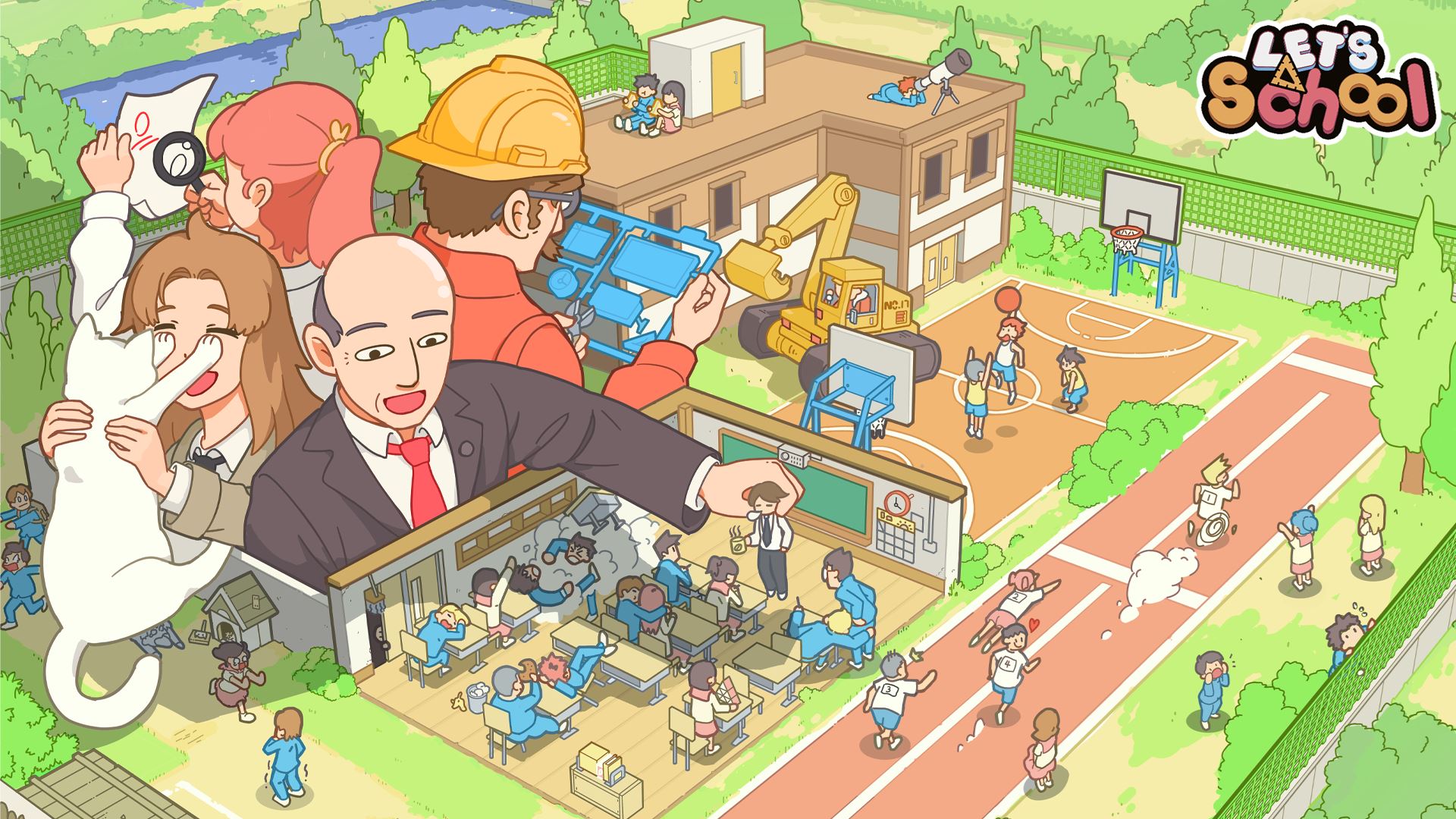 The key art for Let's School, with the game's logo in the upper right hand corner. There is a classroom with no roof and missing walls, so we can see inside where children are learning. Outside, there is a basketball court, also filled with children. Four large figures loom over the entire thing. One is a man in a suit holding a teacher. Another is a blonde woman holding a white cat, whose paws are up to her face. A redheaded woman with a ponytail is examining a sheet of paper with a microscope. Finally, a man with a moustache and a hard hat is clipping out plastic bits, like from a model kit.