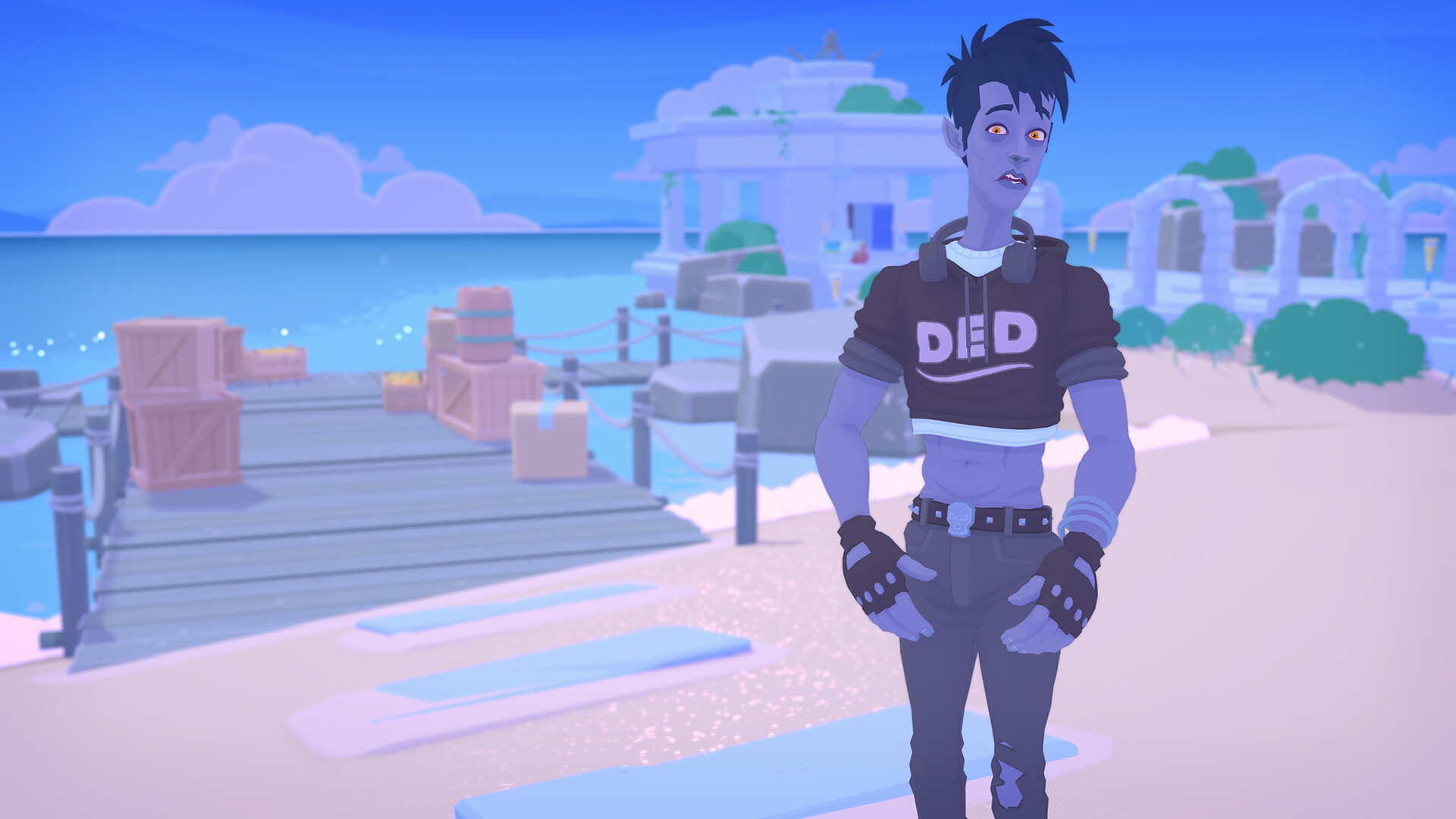 A screenshot from Mythwrecked: Ambrosia Island. A blue-skinned, blue haired man with abs and a cropped shirt that says "Ded" stands on a beach, in front of a dock.