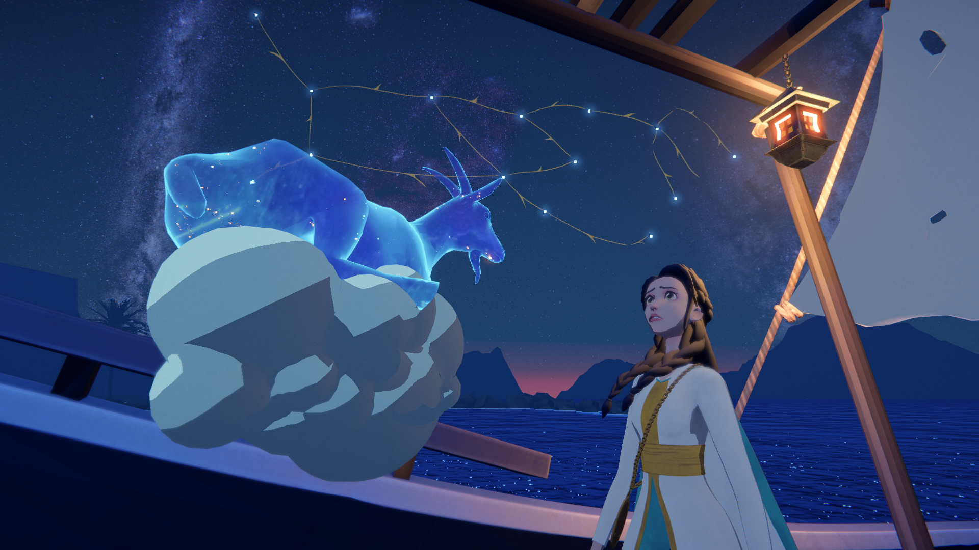 A screenshot from Nightscape. A woman with brown hair arranged in to braids is on the right, looking at what appears to be a blue celestial-type goat floating on a cloud. The background is a dark blue sky, showing off a constellation.