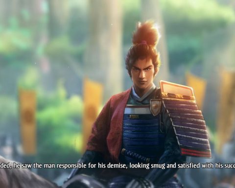 A screenshot from Nobunaga's Ambition: Awakening. A Japanese man is riding a horse. The narrator states, "As his vision faded, he saw the man responsible for his demise, looking smug and satisfied with his successful ambush."