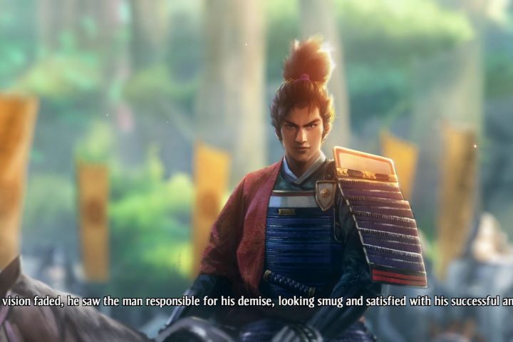 A screenshot from Nobunaga's Ambition: Awakening. A Japanese man is riding a horse. The narrator states, "As his vision faded, he saw the man responsible for his demise, looking smug and satisfied with his successful ambush."