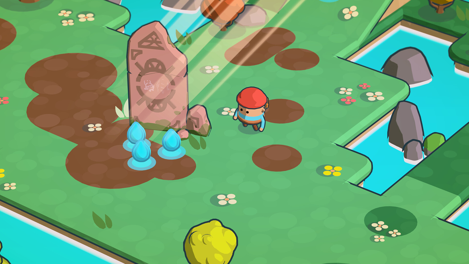 A screenshot from Pine Hearts. A beige figure wearing a red hat and blue shirt stands in a forest. There is some sort of stone monument in front of him.