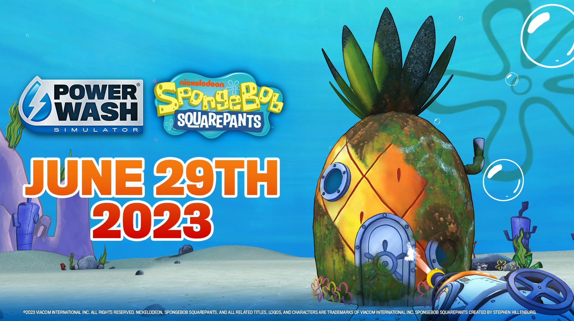 A graphic advertising the SpongeBob SquarePants Special Pack's release date (for PowerWash Simulator). June 29, 2023.