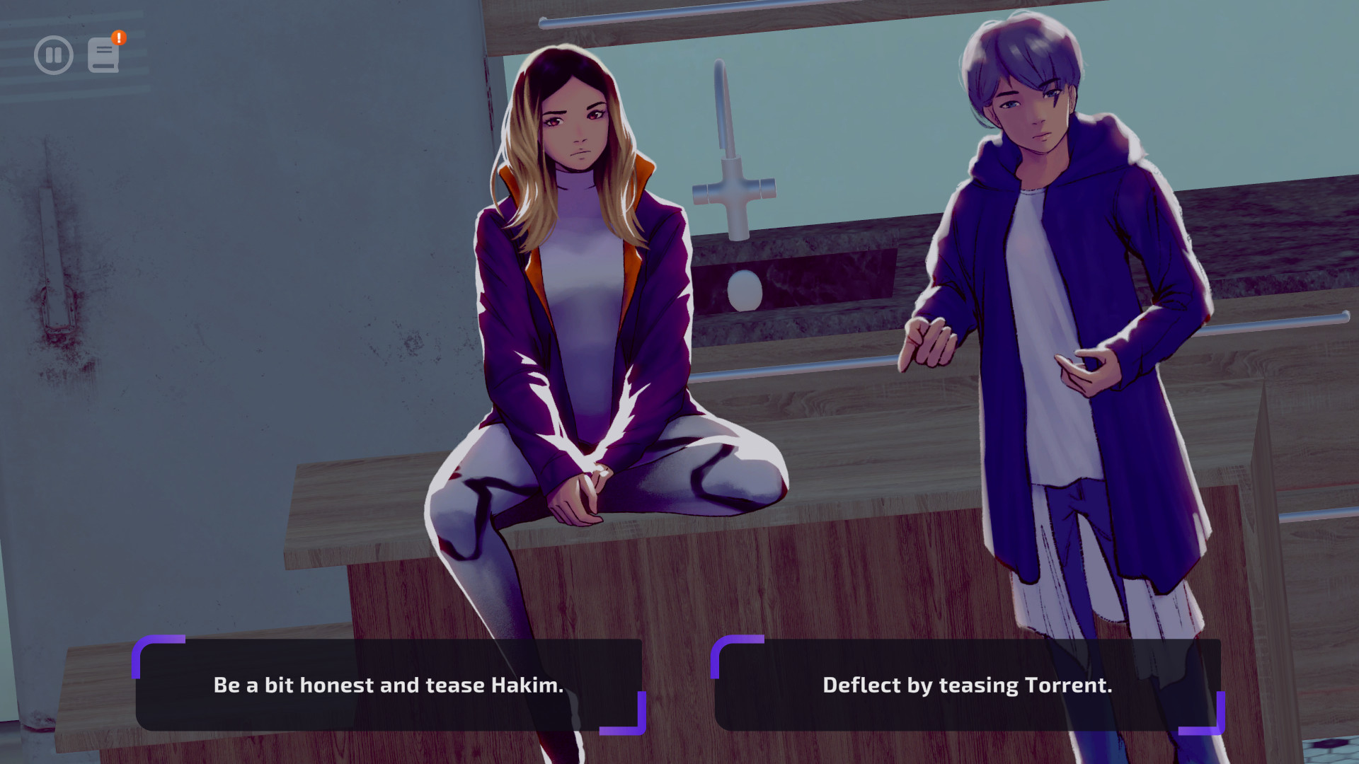 A screenshot from Solace State. On the left is a girl with blond hair and dark roots, and a purple jacket, sitting on a desk. To the right is a boy with a blue hair and a blue coat, standing. There are two text options: "Be a bit honest and tease Hakim" and "Deflect by teasing Torrent."