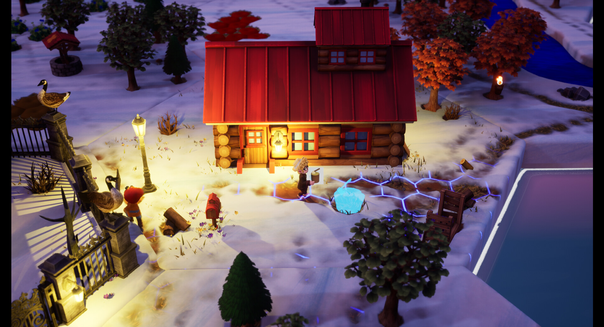 A screenshot from Sugar Shack. In the woods, there is snow on the ground and a cabin alight. It's dark out. A person is carrying what appears to be a log.