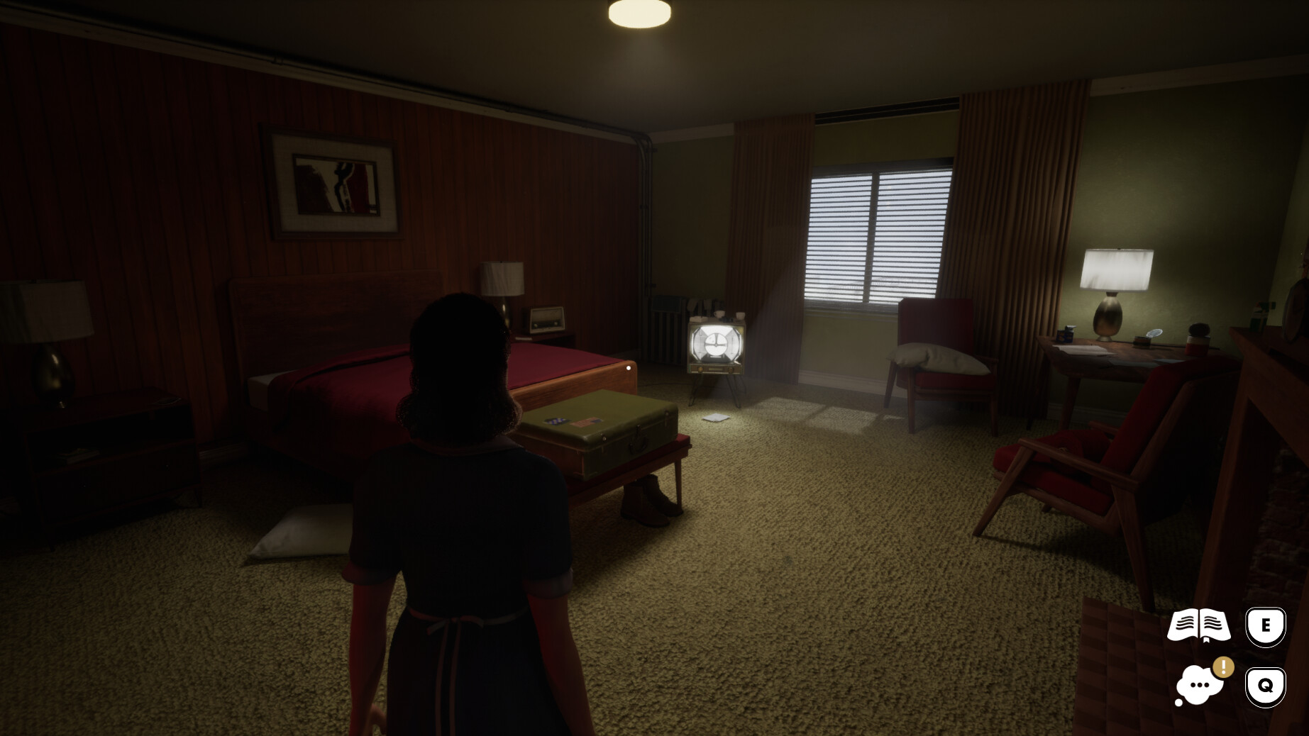 A screenshot from This Bed We Made. We see the back of a hotel maid standing in a hotel room. The bed is made, the television is on, but there is nobody else there. A suitcase lies on a bench and something book-like appears to be on the floor in front of the 1950's television set.