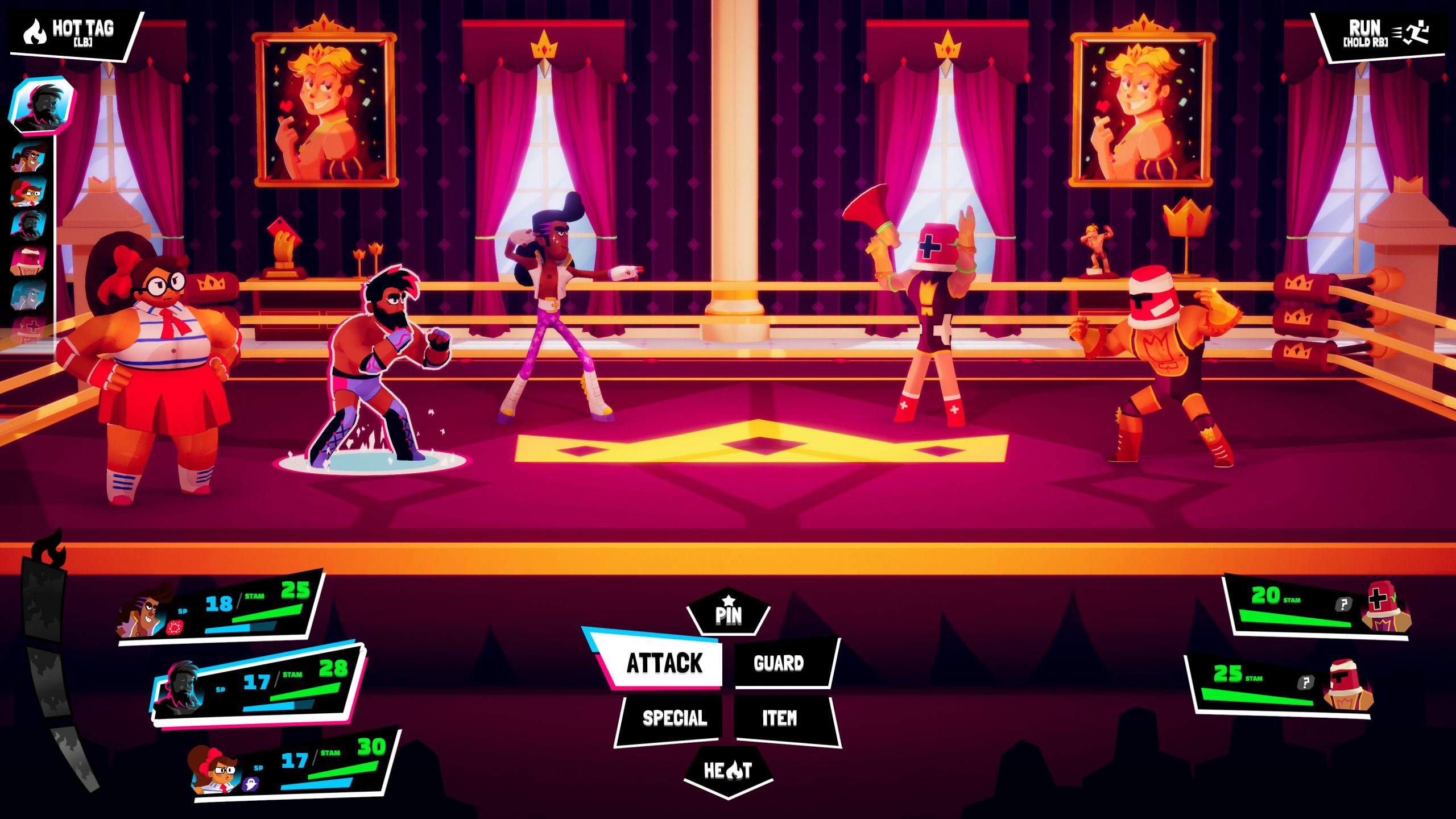 A screenshot from Wrestle Story. Two the left is one woman and two men, ready to fight. To the right are two enemies wearing helmets. The options are pin, attack (highlighted), guard, special, item, and heat.