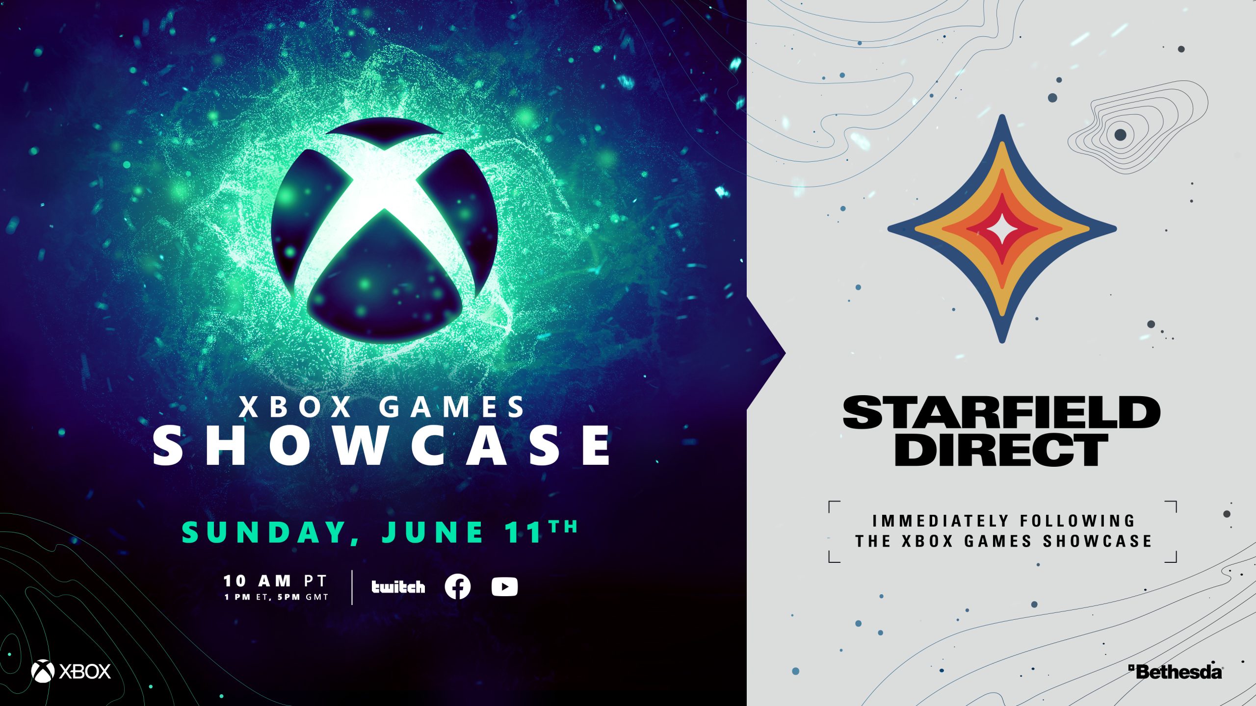 A graphic promoting Xbox Games Showcase on June 11 at 10 am PT, and the Starfield Direct immediately following it.