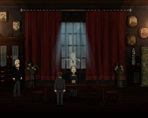 A screenshot from An English Haunting. It is done in a pixel art style. In a dark room with heavy red curtains, a woman sits behind a table with a spirit rising out of her. Watching are two men in suits and one woman in yellow dress.