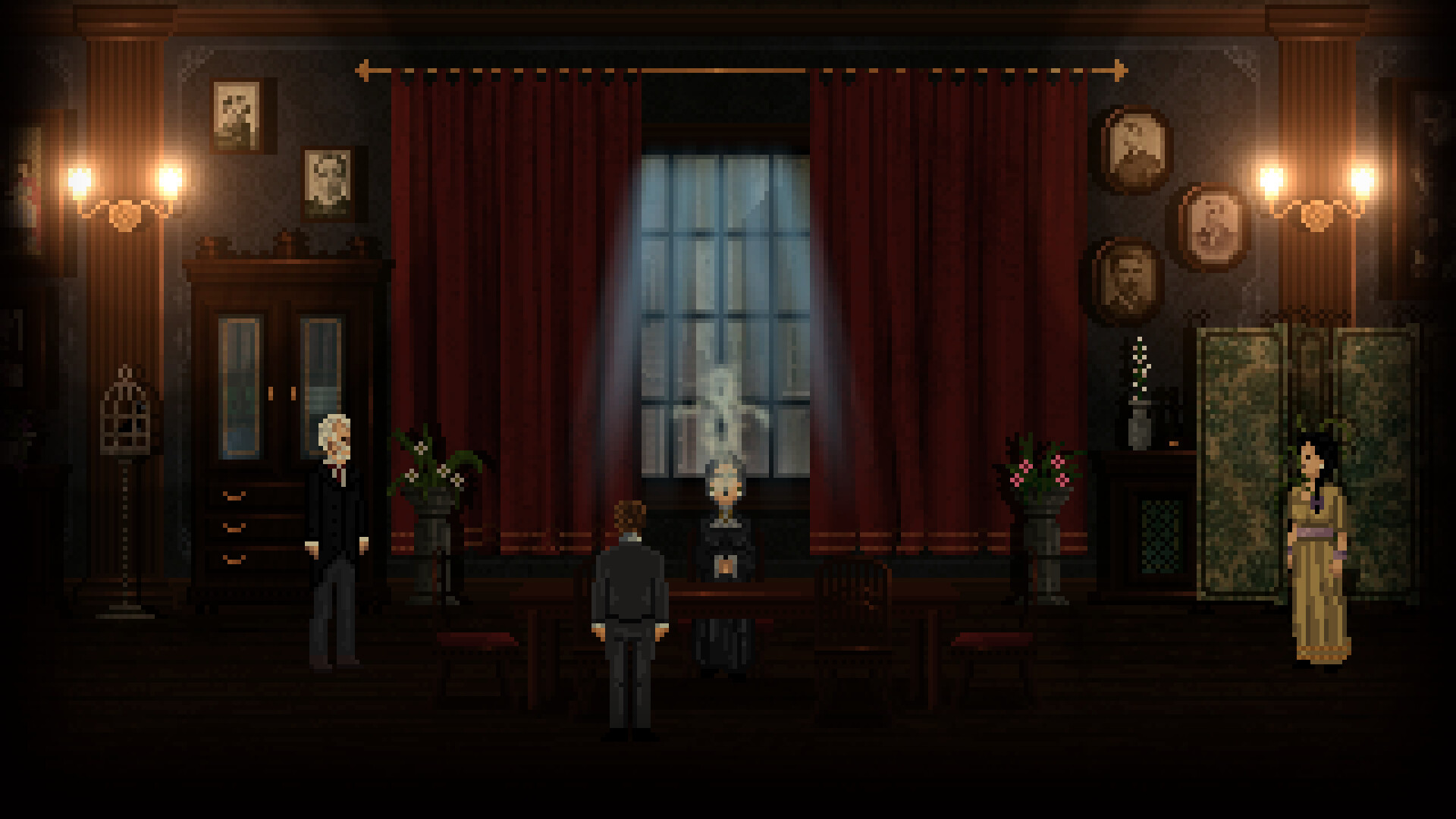 A screenshot from An English Haunting. It is done in a pixel art style. In a dark room with heavy red curtains, a woman sits behind a table with a spirit rising out of her. Watching are two men in suits and one woman in yellow dress.