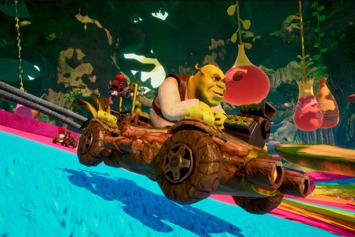 A screenshot of Shrek in DreamWorks All-Star Kart Racing.
