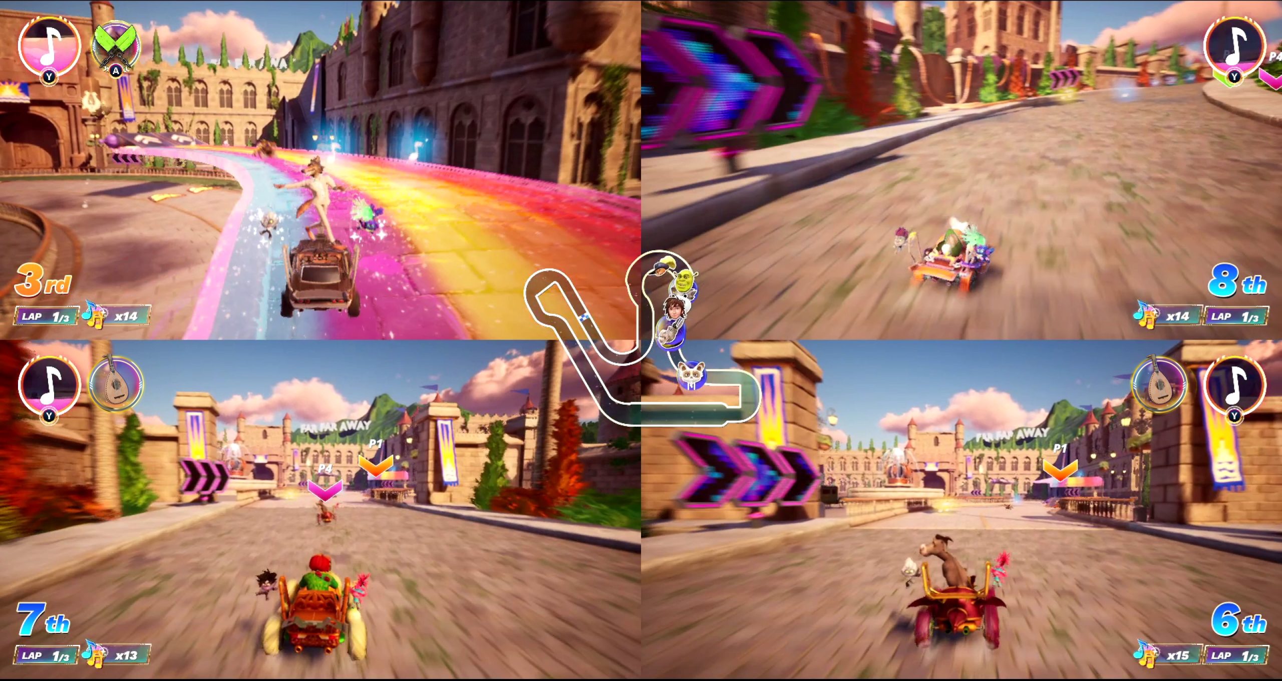 A screenshot of four-player local multiplayer in DreamWorks All-Star Kart Racing.