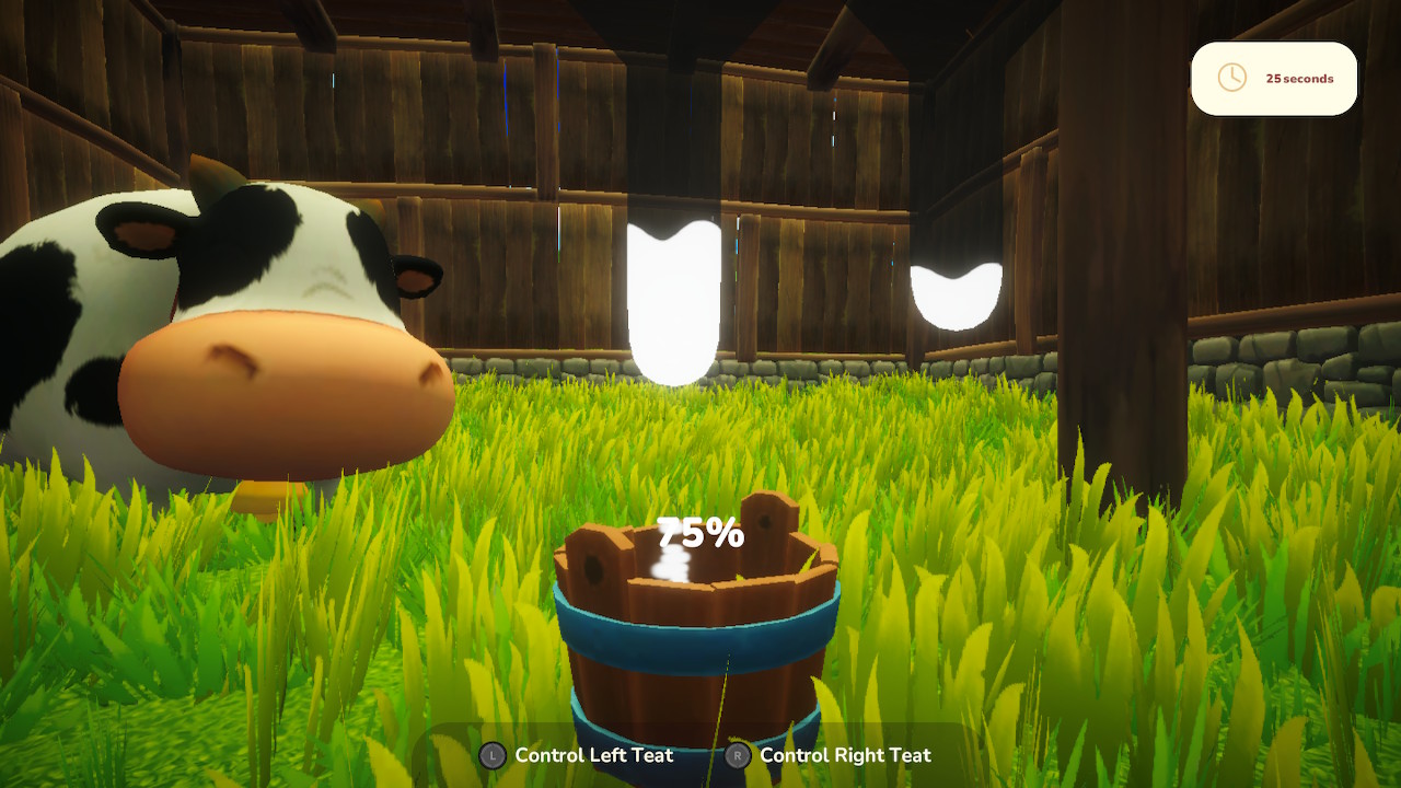 A screenshot from Everdream Valley. It is from the view of under a cow, milking it. Another cow sits in the background.