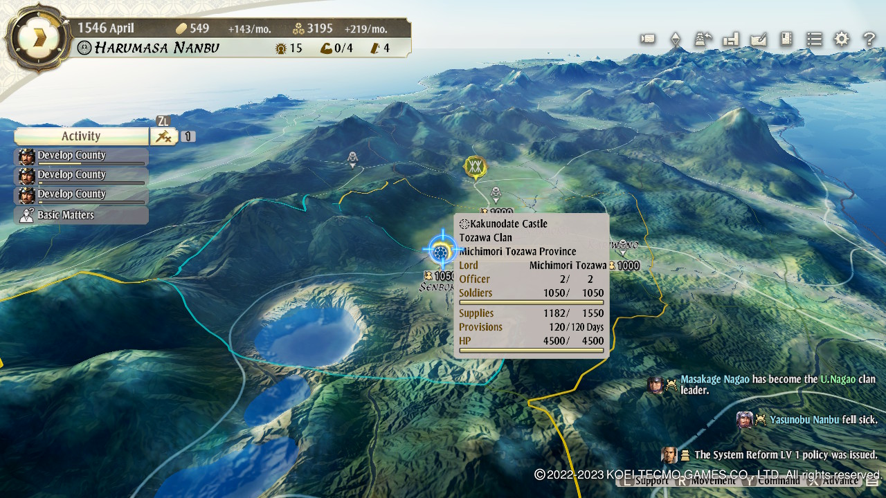 A screenshot of Nobunaga's Ambition: Awakening, showcasing the game's overworld map.