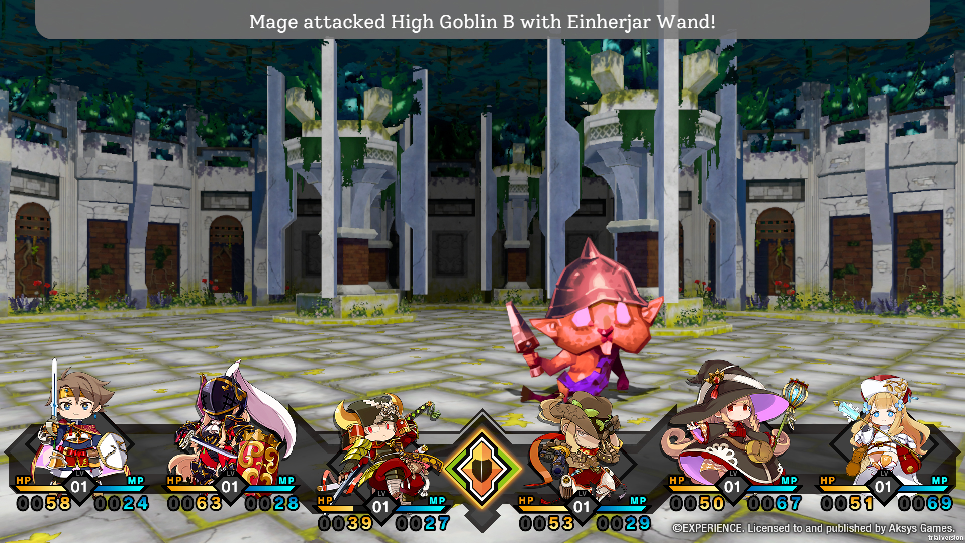 A screenshot from Mon-Yu. Six characters are fighting a High Goblin, and one has hit it with the Einherjar Wand.