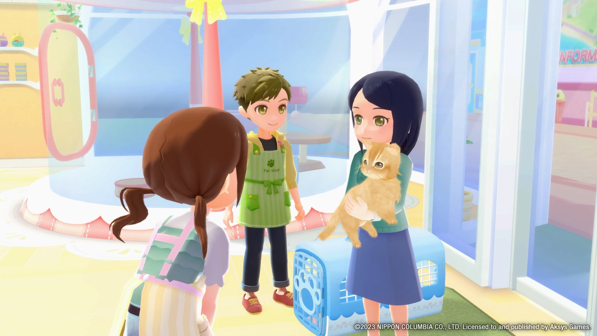 A screenshot from Pups & Purrs Pet Shop. Three people are standing in a pastel pet shop. Two are wearing shop smocks; one is a girl with brown pigtails and the other is a boy with short sandy hair. The third person, a girl holding an orange cat, has dark hair in a long bob.