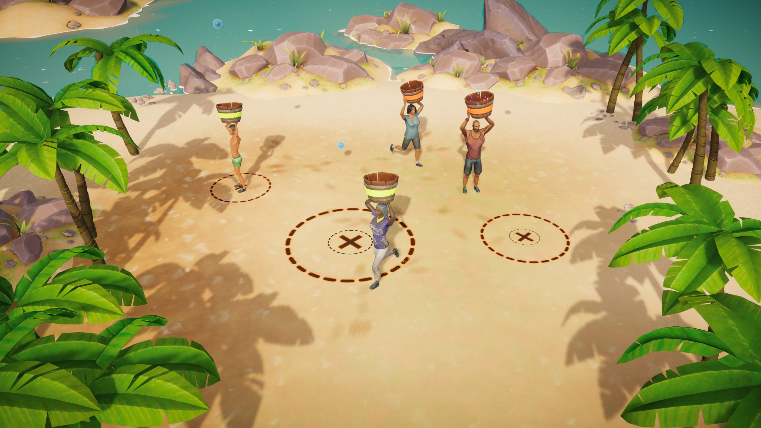 A screenshot of a challenge in Survivor: Castaway Island. Four players are running around with baskets on their head, trying to catch falling objects.