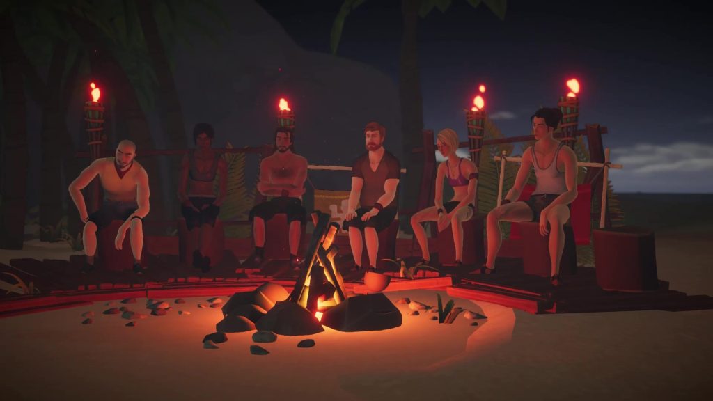 A screenshot of six players at Tribal Council in Survivor: Castaway Island.