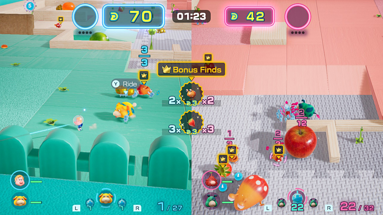 A screenshot from Pikmin 4, showcasing the Dandori battles