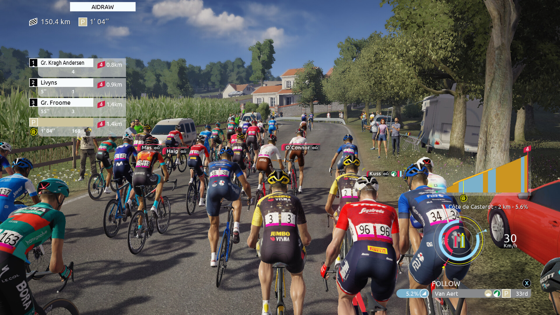 A screenshot of Tour de France 2023 in action. Bike racers are competing in the peloton, and this screenshot highlights the UI elements.