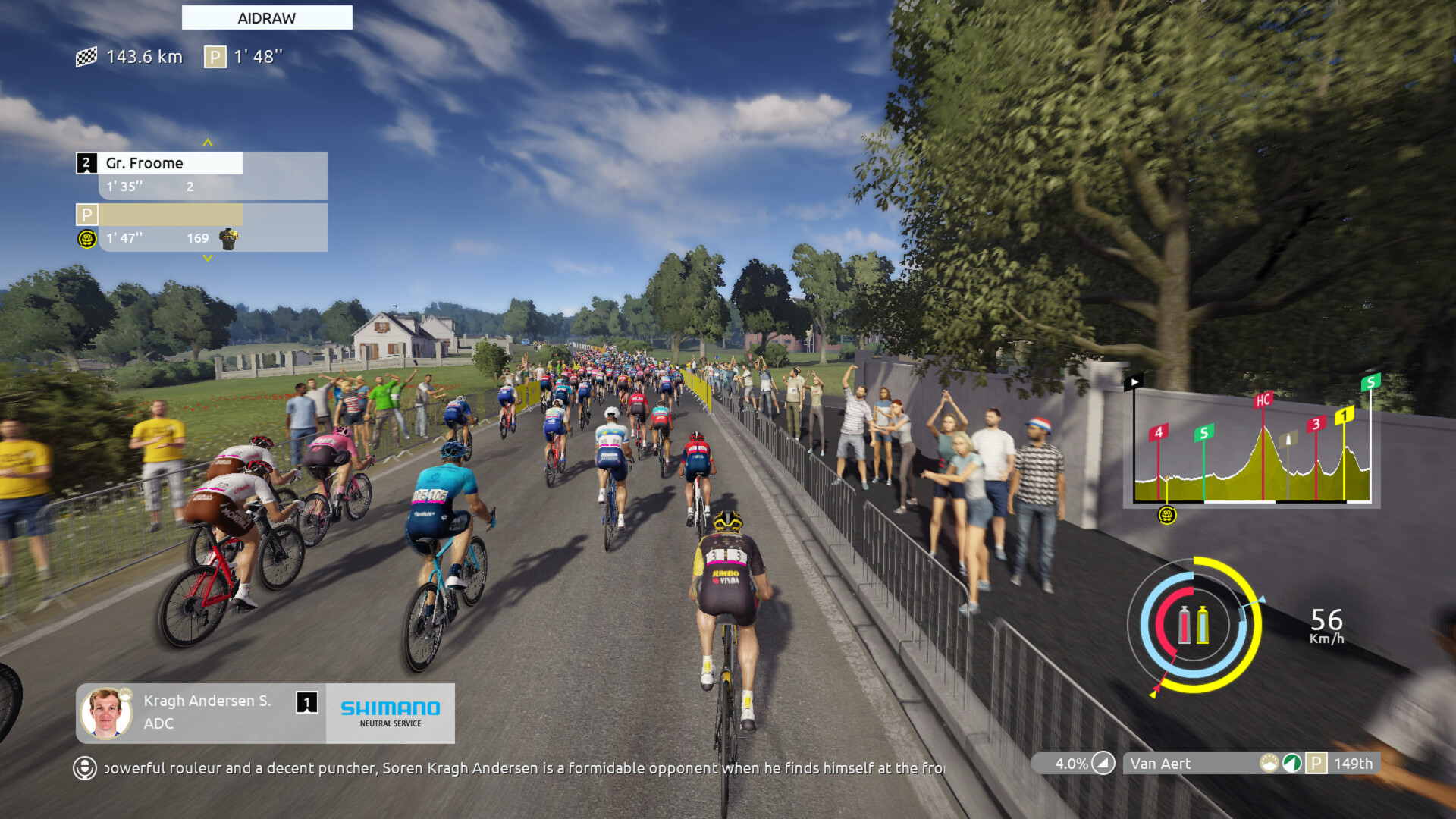 A screenshot from Tour de France 2023. This screenshot shows a sprint, with the bike racers going fast, and the UI interface options turned on.