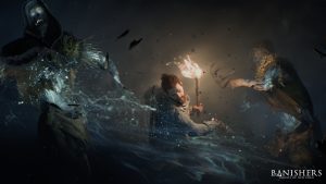 A screenshot of Red in Banishers: Ghosts of New Eden. He is fighting off two tormenting souls