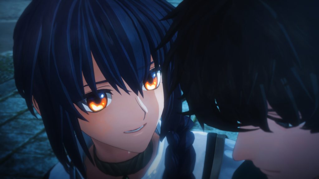 A screenshot of Saber in Fate/Samurai Remnant. She has short, dark hair and glowing golden eyes,