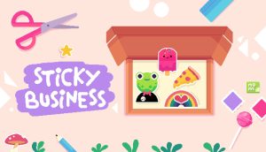 The key art for Sticky Business. There game's logo is on the left, with a pair of pink scissors above it. To the right is an open cardboard box with four stickers inside: a frog, a rainbow, a popsicle, and a slice of pizza.