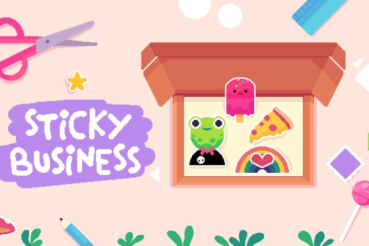 The key art for Sticky Business. There game's logo is on the left, with a pair of pink scissors above it. To the right is an open cardboard box with four stickers inside: a frog, a rainbow, a popsicle, and a slice of pizza.