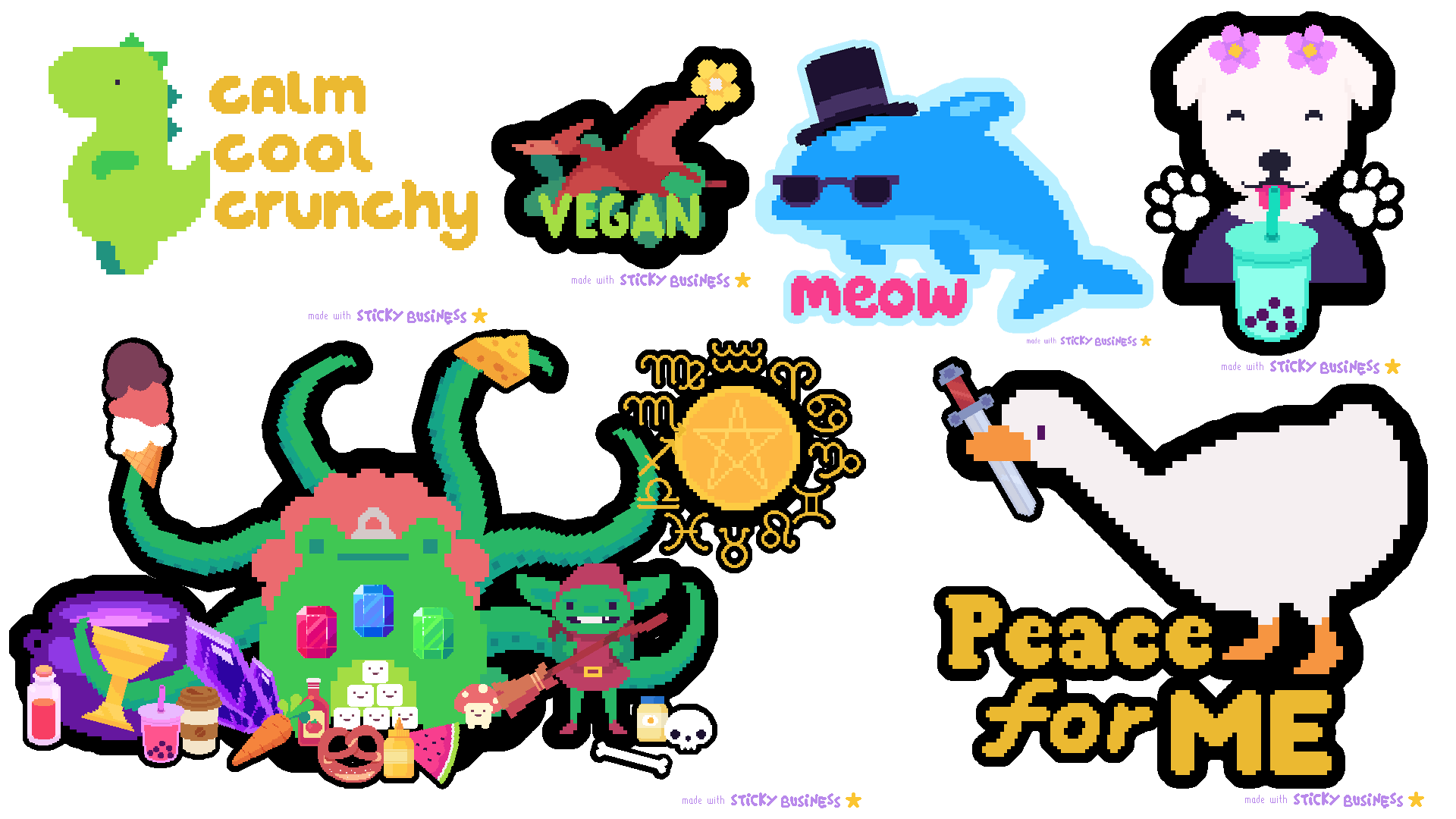 Six examples of Sticky Business stickers. The first is a green dinosaur that says "calm, cool, crunchy." The second is a pterodactyl that says "vegan." The third is a blue dolphin with a top hat and sunglasses; it says "meow." The fourth is a white puppy drinking mint boba. The fifth is a Cthulhu-like monster eating all sorts of food. And the seventh is a goose with a knife in its mouth, it says "peace for me."