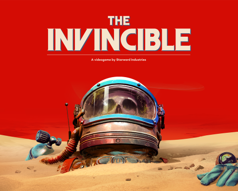 The key art for The Invincible. It features a red sky, sandy ground, and an astronaut's helmet with a skull inside.