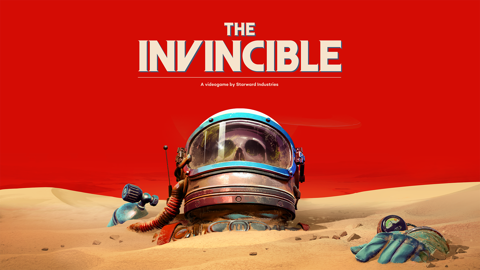 The key art for The Invincible. It features a red sky, sandy ground, and an astronaut's helmet with a skull inside.