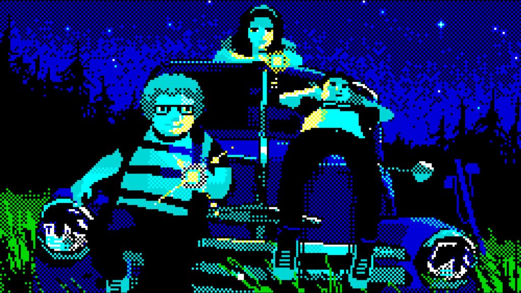 A cropped screenshot from Varney Lake. Three kids are sitting on an abandoned car. The one of the left is sitting on the hood and has short, curly hair, glasses, and is holding a flashlight. The one in the middle is sitting on the roof; she has long dark hair with a headband, and also a flashlight. The third is laying back on the hood on the right.