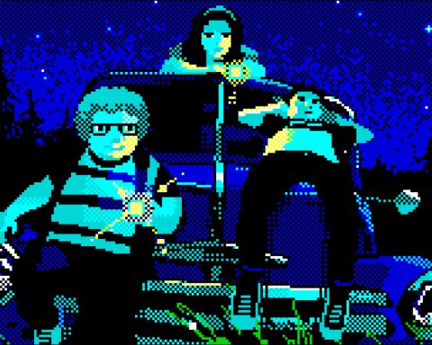 A cropped screenshot from Varney Lake. Three kids are sitting on an abandoned car. The one of the left is sitting on the hood and has short, curly hair, glasses, and is holding a flashlight. The one in the middle is sitting on the roof; she has long dark hair with a headband, and also a flashlight. The third is laying back on the hood on the right.