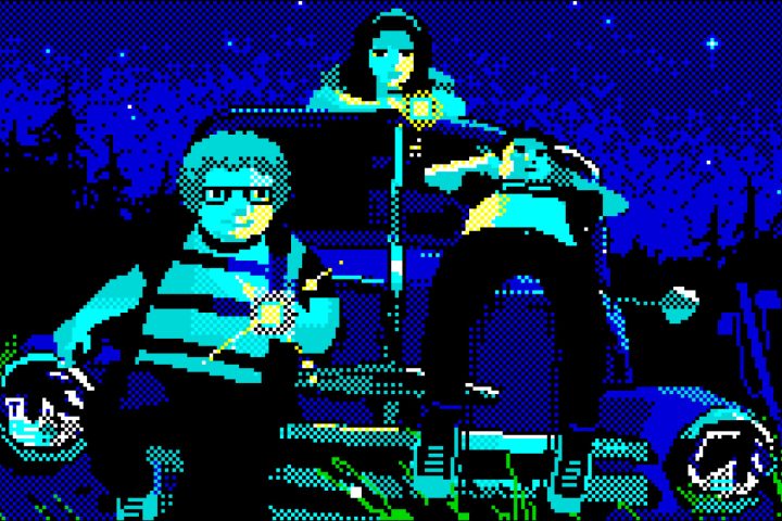 A cropped screenshot from Varney Lake. Three kids are sitting on an abandoned car. The one of the left is sitting on the hood and has short, curly hair, glasses, and is holding a flashlight. The one in the middle is sitting on the roof; she has long dark hair with a headband, and also a flashlight. The third is laying back on the hood on the right.