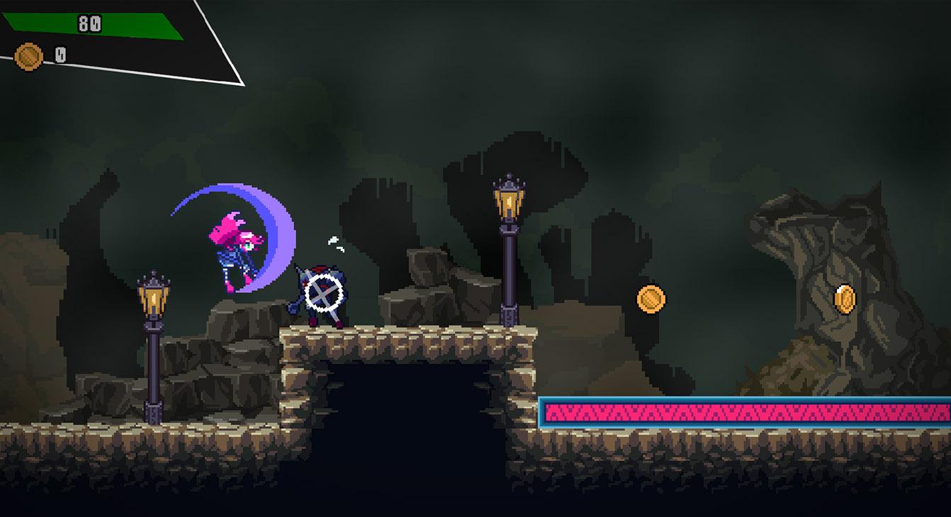 A screenshot from Dreamcutter. Haley is using her scythe to attack a monster from above.