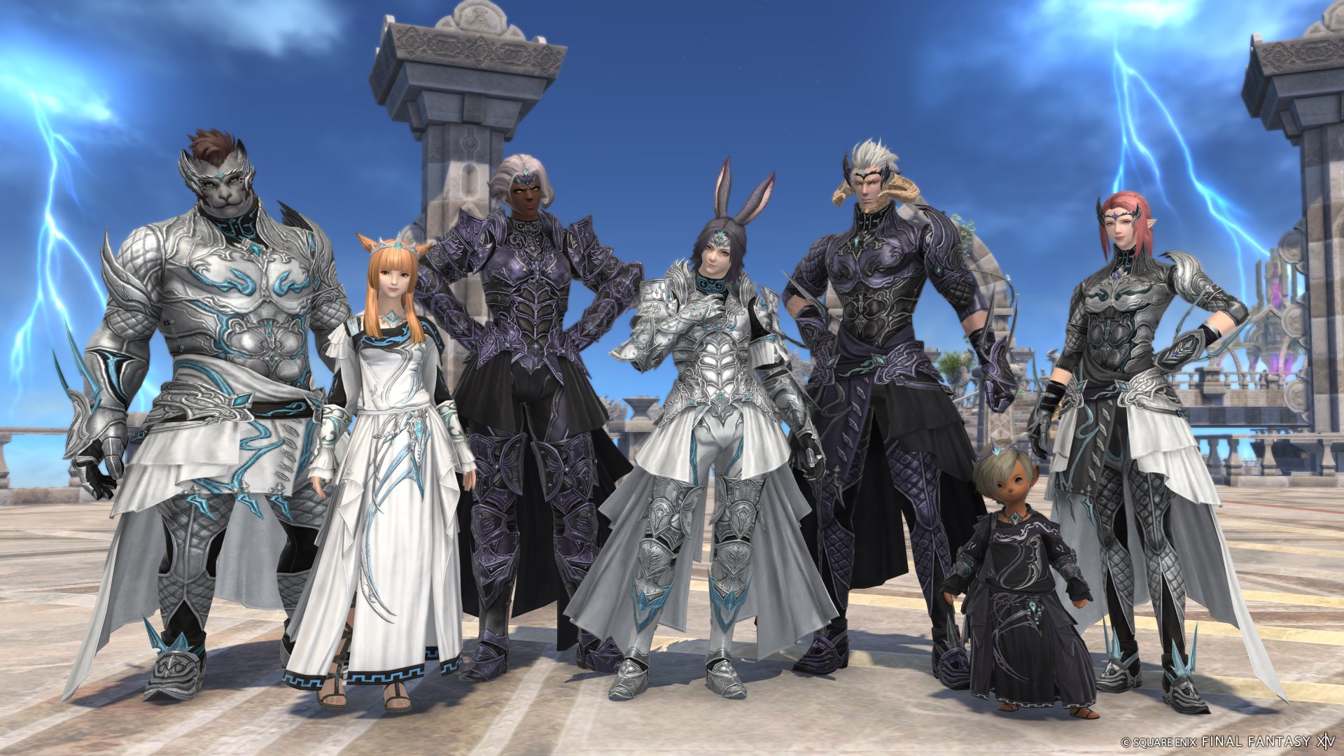 A screenshot of seven characters from Final Fantasy XIV Online Patch 6.5.